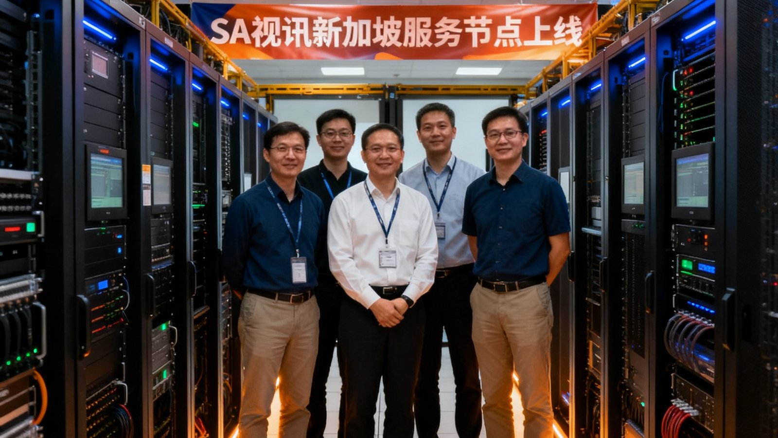 SA视讯平台新加坡服务节点上线仪式现场照片，团队成员在数据中心机房前合影留念。