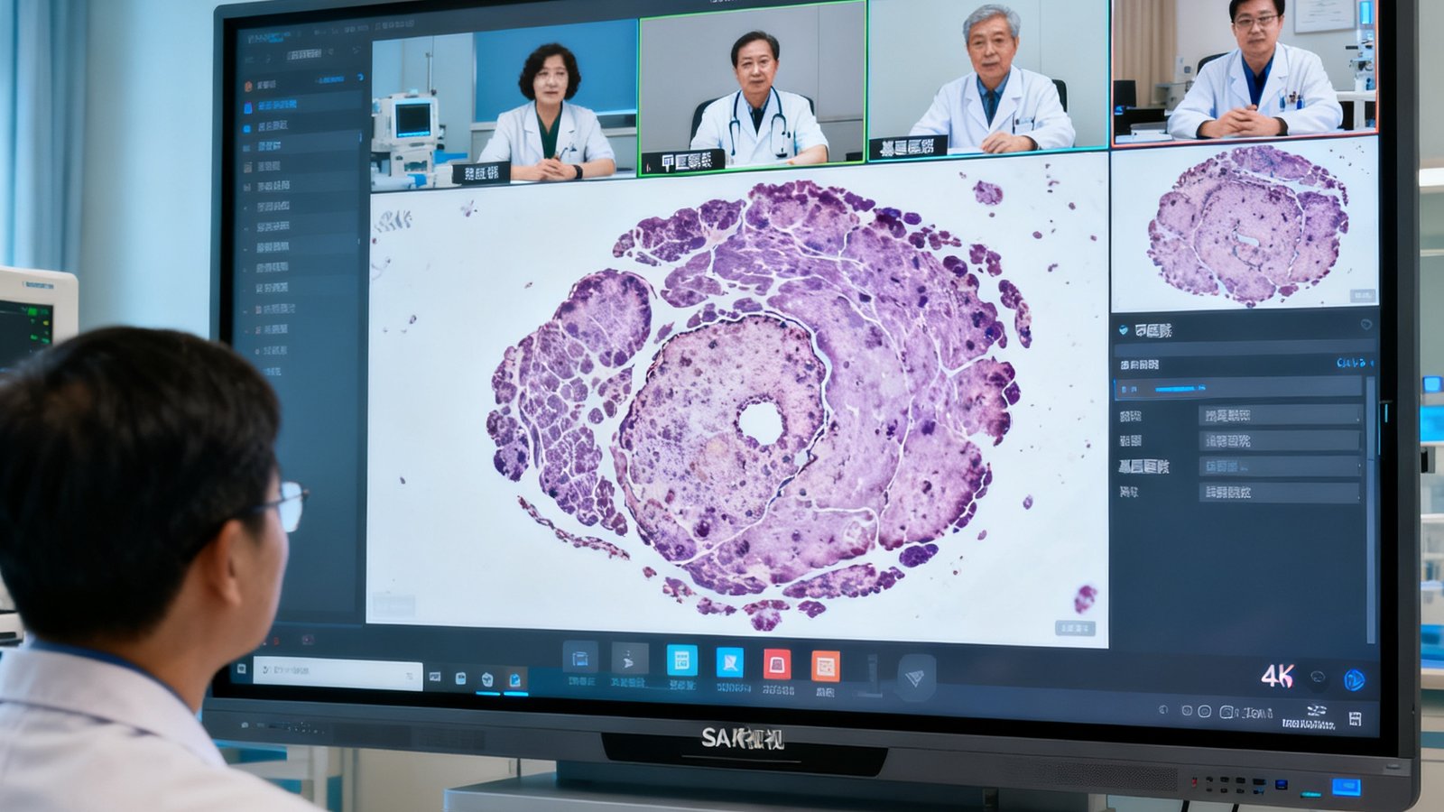 远程医疗会诊场景：三甲医院专家通过SA视讯平台4K大屏与基层医院医生实时会诊，病理切片画面清晰呈现在屏幕上。