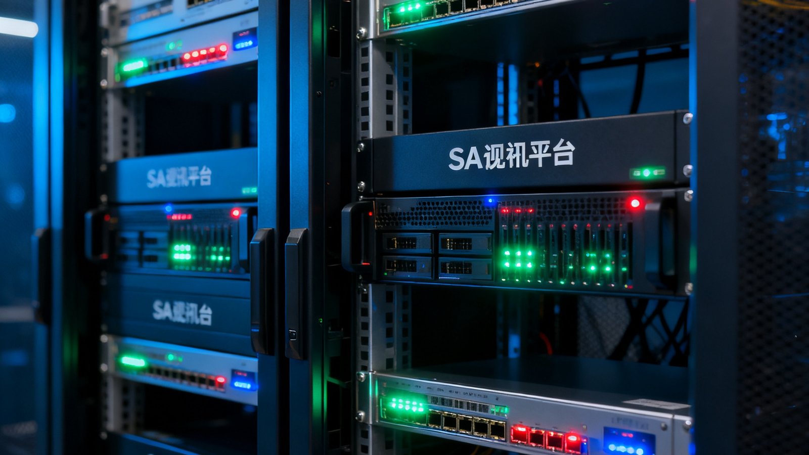 政务视频会议私有化部署机房实拍：标准机柜中运行着SA视讯平台的加密服务器，指示灯闪烁表示系统正常运行。